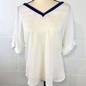 Bellatrix Women's Pullover Loose Fit V-Neck White Blouse w Navy Trim